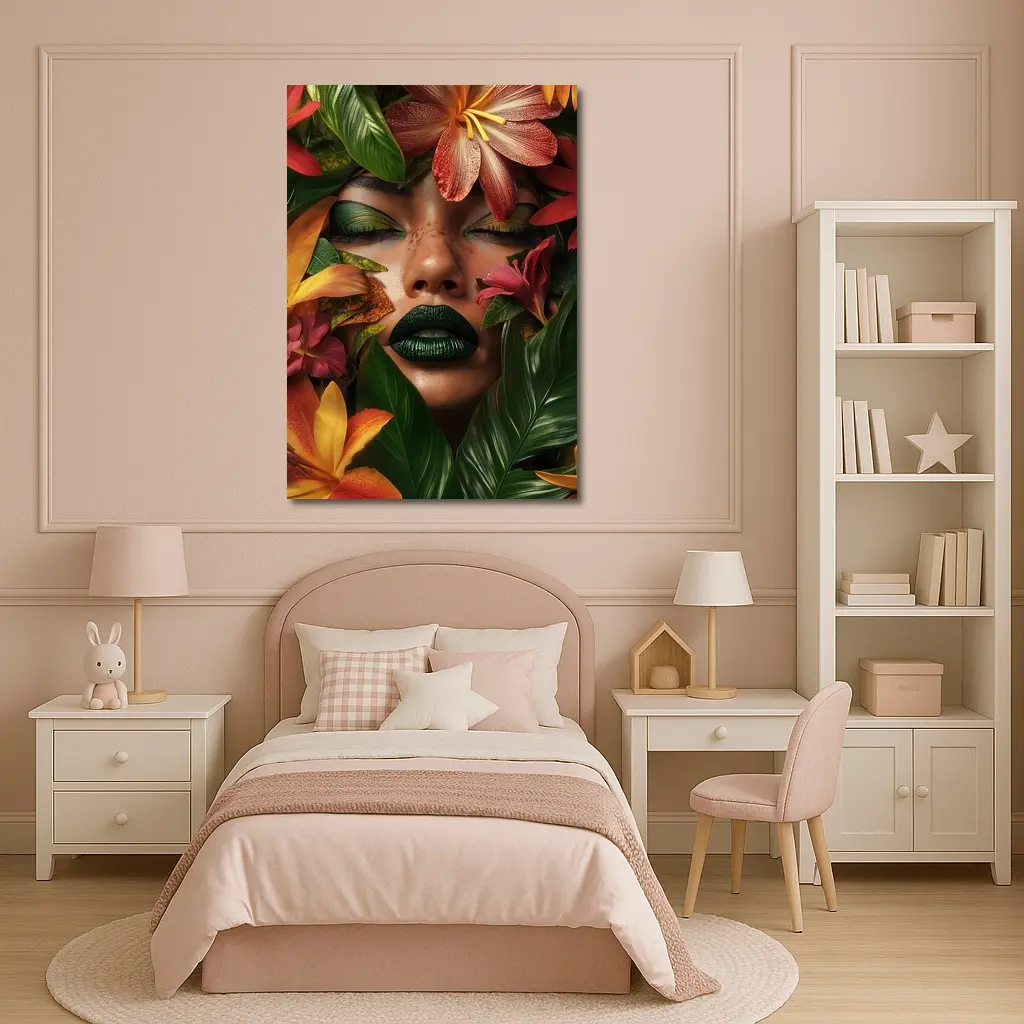 Woman Face Tropical Flowers Green Lips – Wall Art