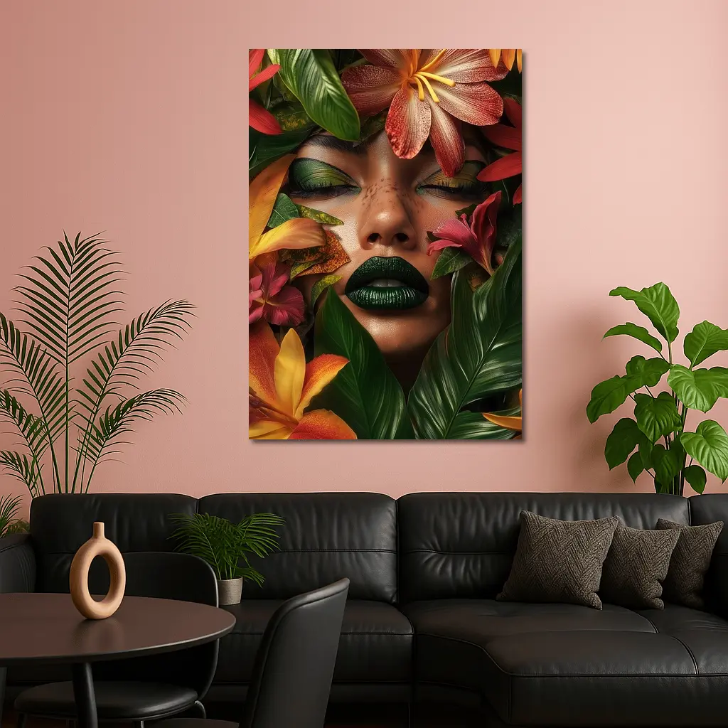 Woman Face Tropical Flowers Green Lips – Wall Art