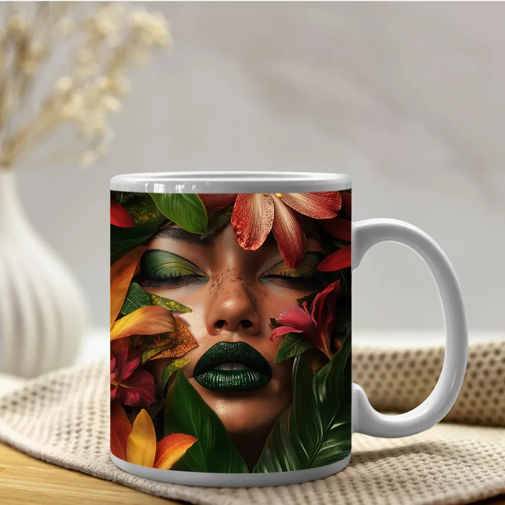Woman Face Tropical Flowers Green Lips – Mugs