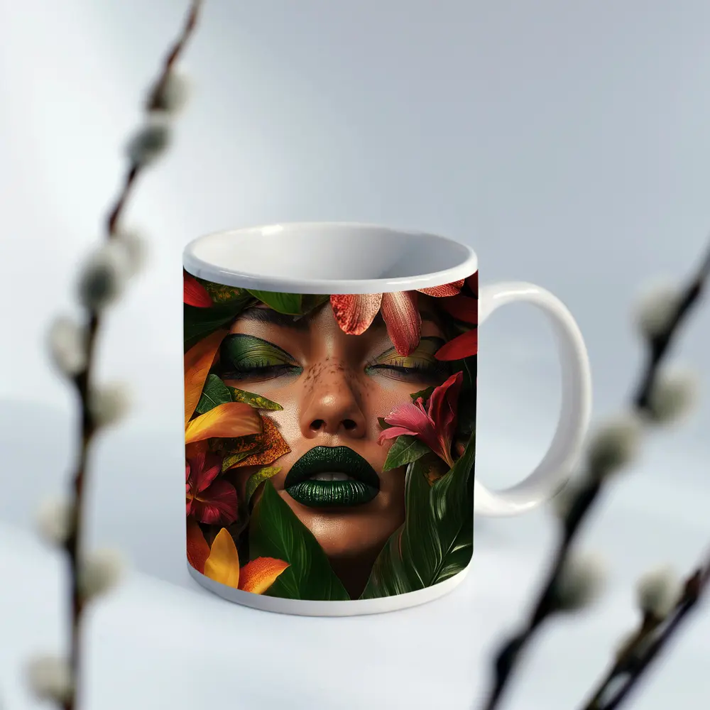 Woman Face Tropical Flowers Green Lips – Mugs