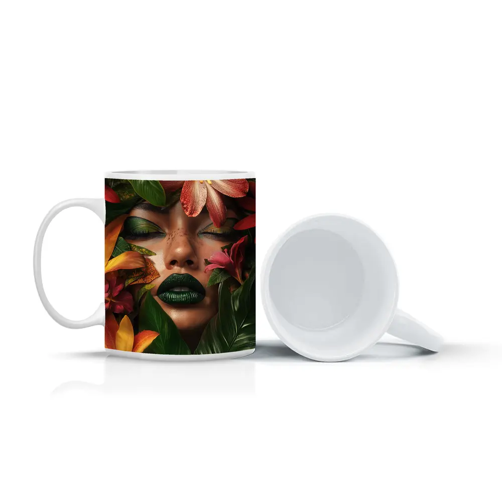 Woman Face Tropical Flowers Green Lips – Mugs