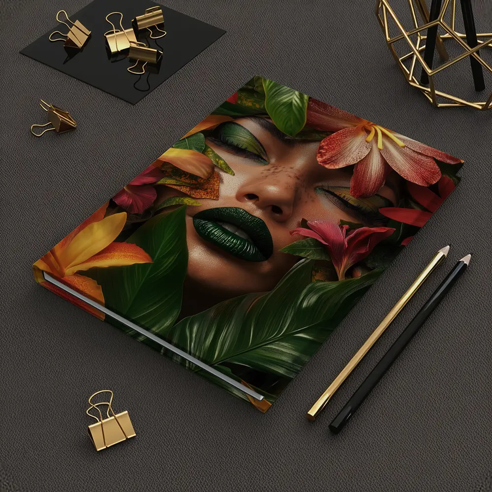Woman Face Tropical Flowers Green Lips – Notebooks