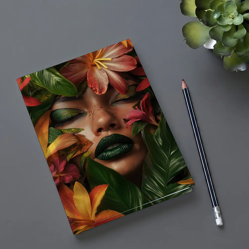 Woman Face Tropical Flowers Green Lips – Notebooks
