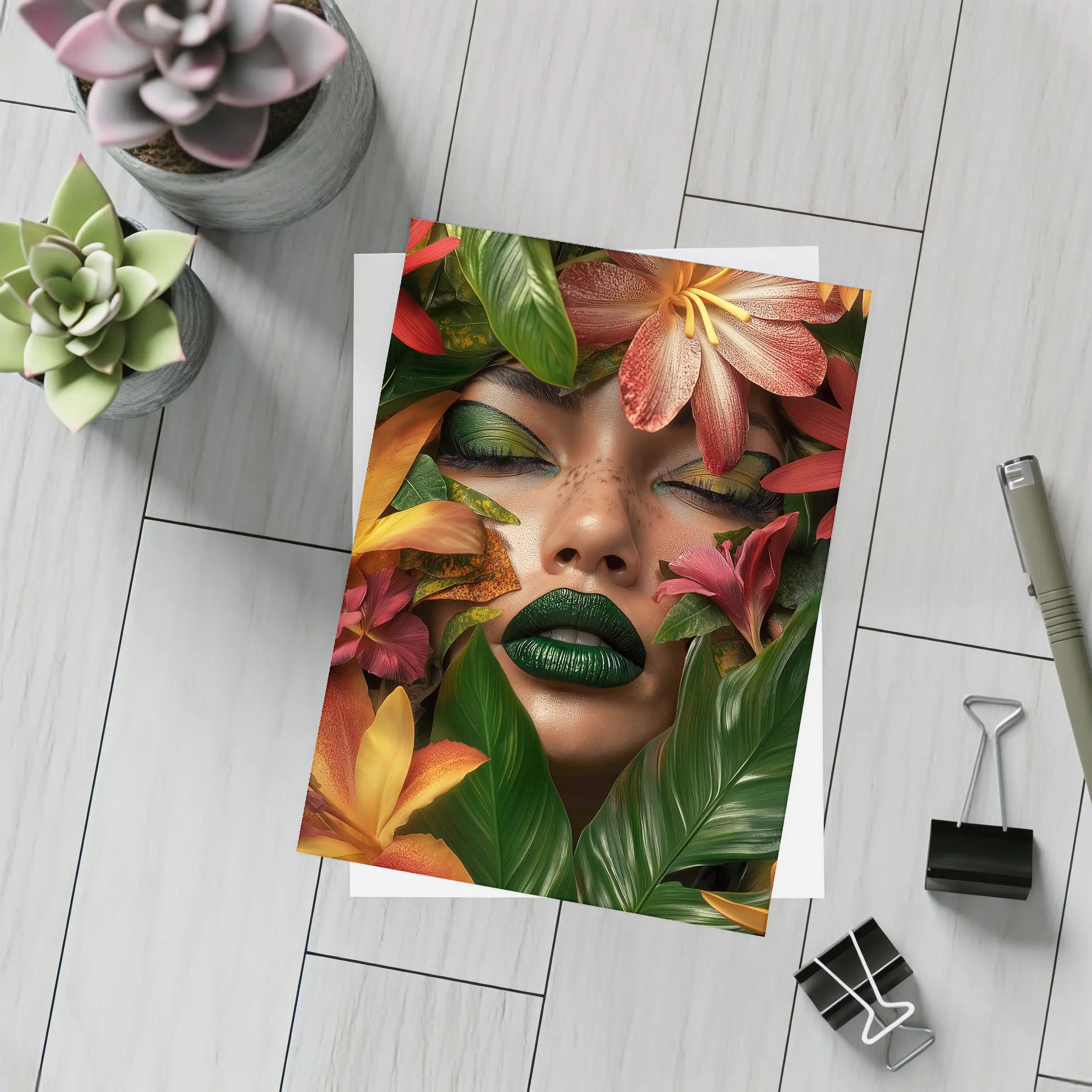 Woman Face Tropical Flowers Green Lips – Postcards