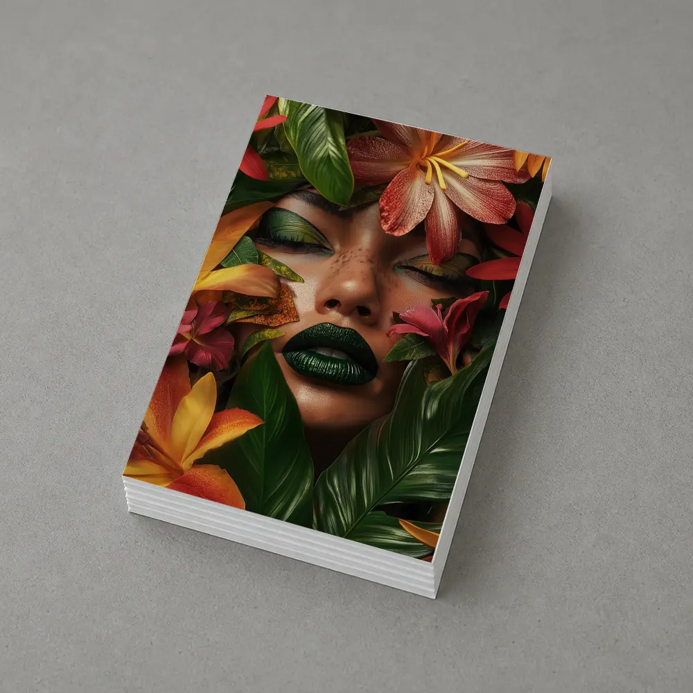Woman Face Tropical Flowers Green Lips – Postcards