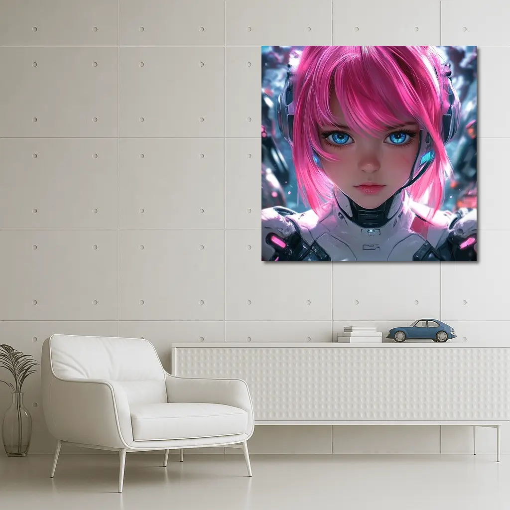 Cyberpunk Anime Girl Pink Hair Blue Eyes – Wall Art