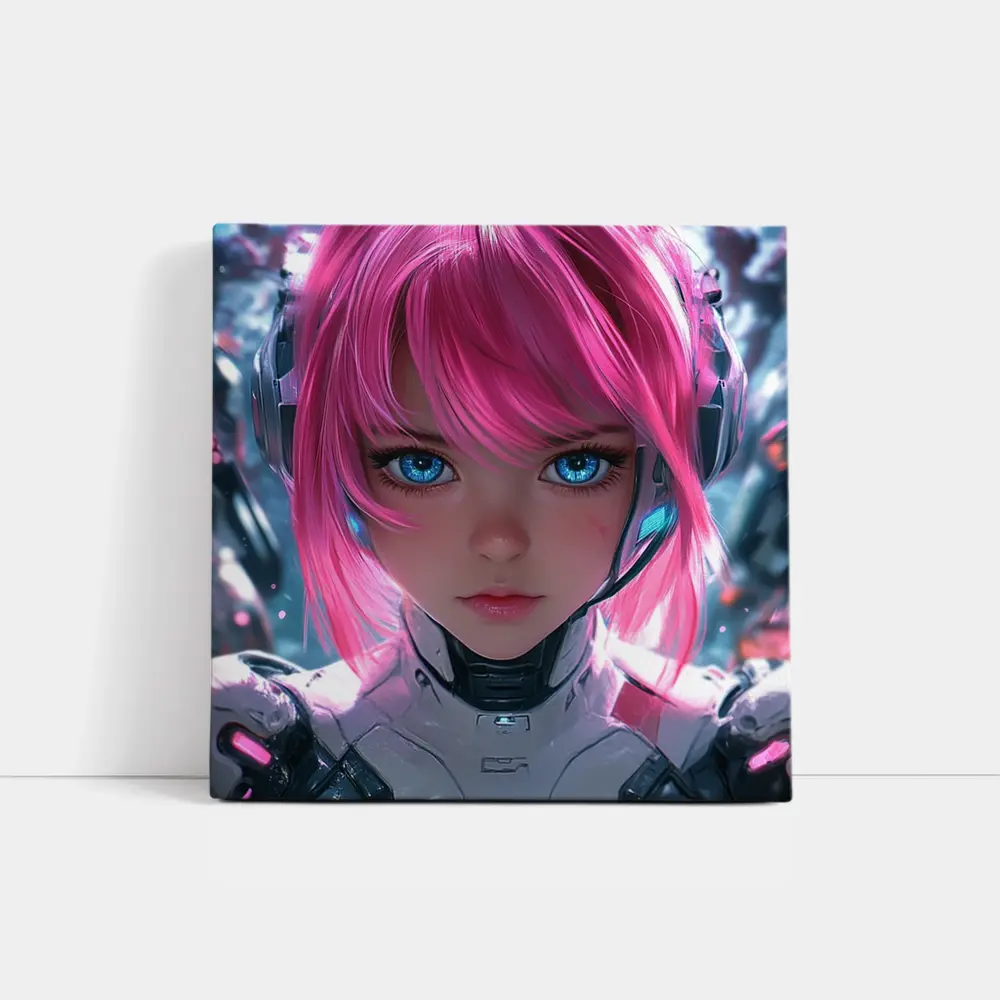 Cyberpunk Anime Girl Pink Hair Blue Eyes – Wall Art