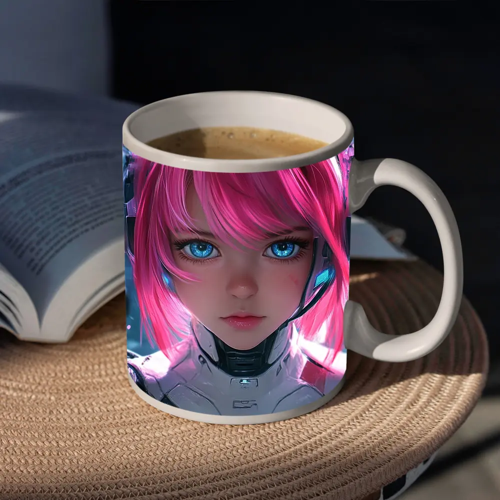 Cyberpunk Anime Girl Pink Hair Blue Eyes – Mugs