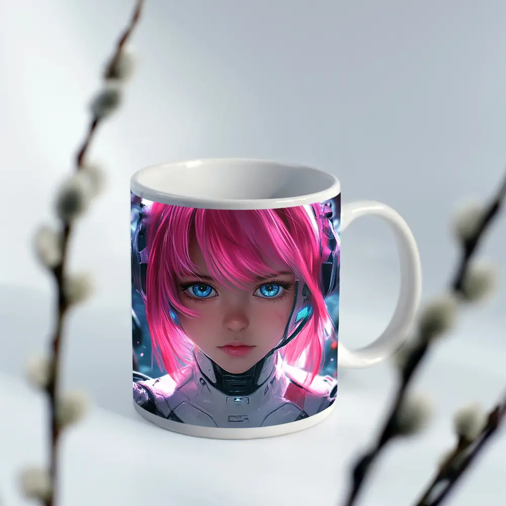 Cyberpunk Anime Girl Pink Hair Blue Eyes – Mugs