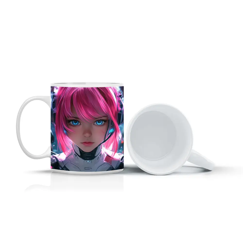 Cyberpunk Anime Girl Pink Hair Blue Eyes – Mugs