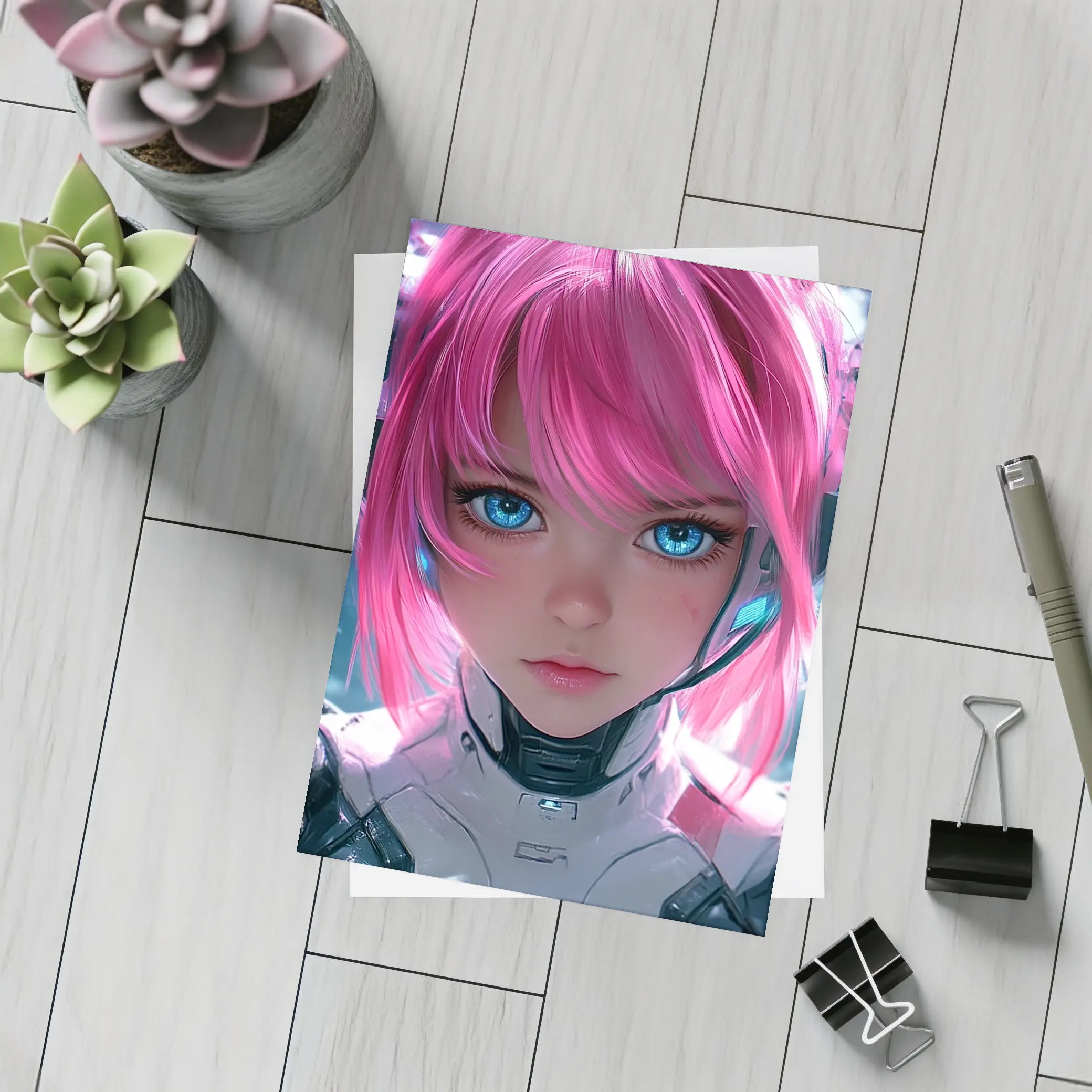 Cyberpunk Anime Girl Pink Hair Blue Eyes – Postcards