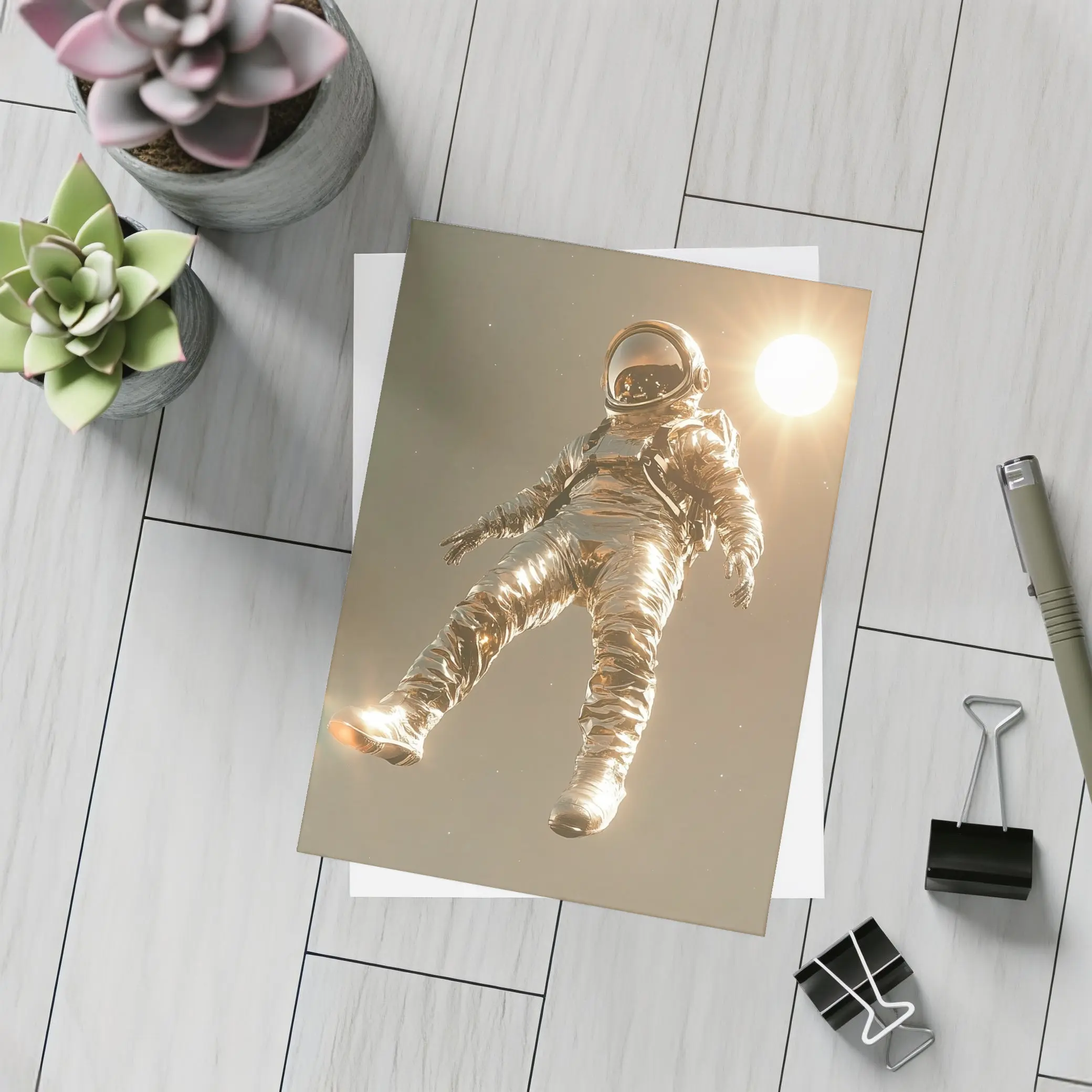 Golden Astronaut Floating In Starry Space – Postcards