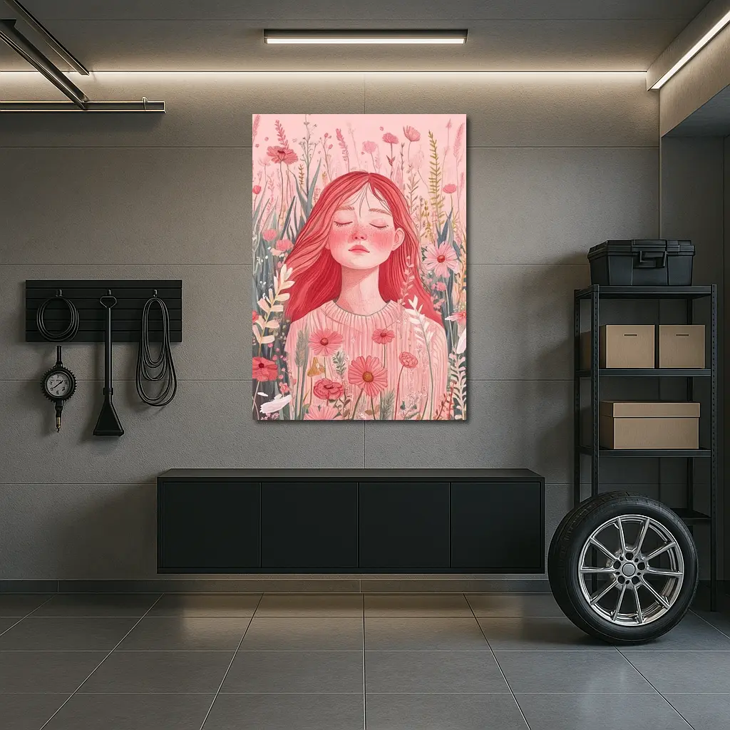 Red Hair Girl Among Pink Wildflowers Illustration – Wall Art