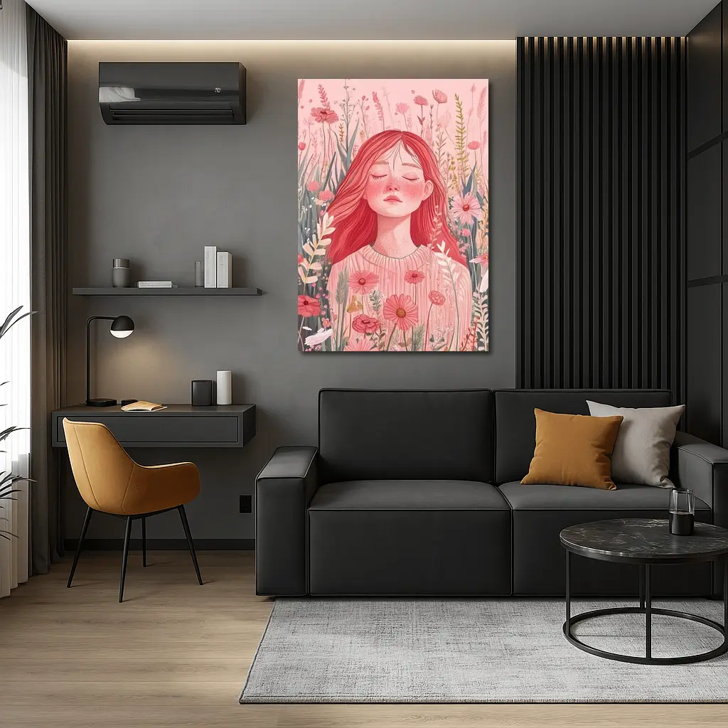 Red Hair Girl Among Pink Wildflowers Illustration – Wall Art