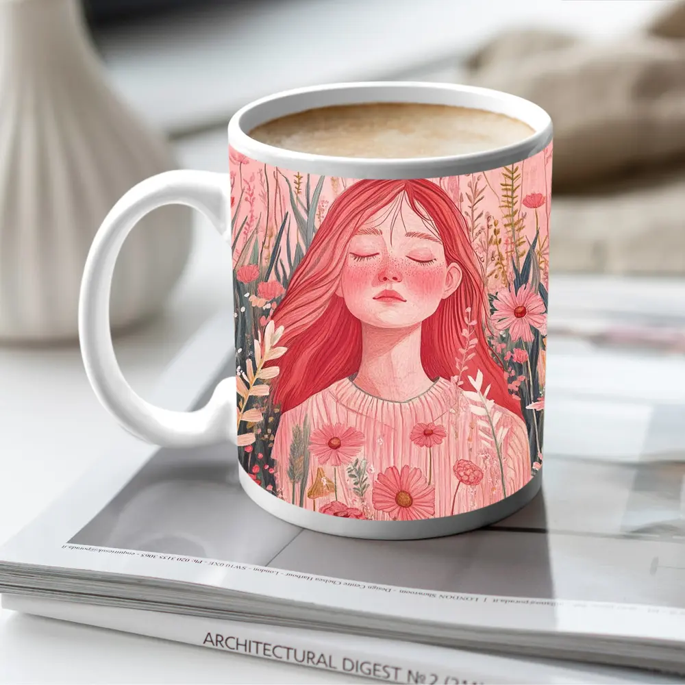 Red Hair Girl Among Pink Wildflowers Illustration – Mugs