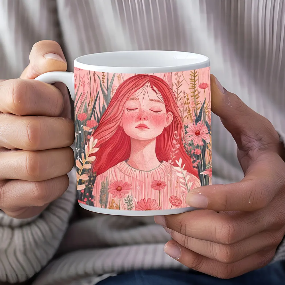 Red Hair Girl Among Pink Wildflowers Illustration – Mugs