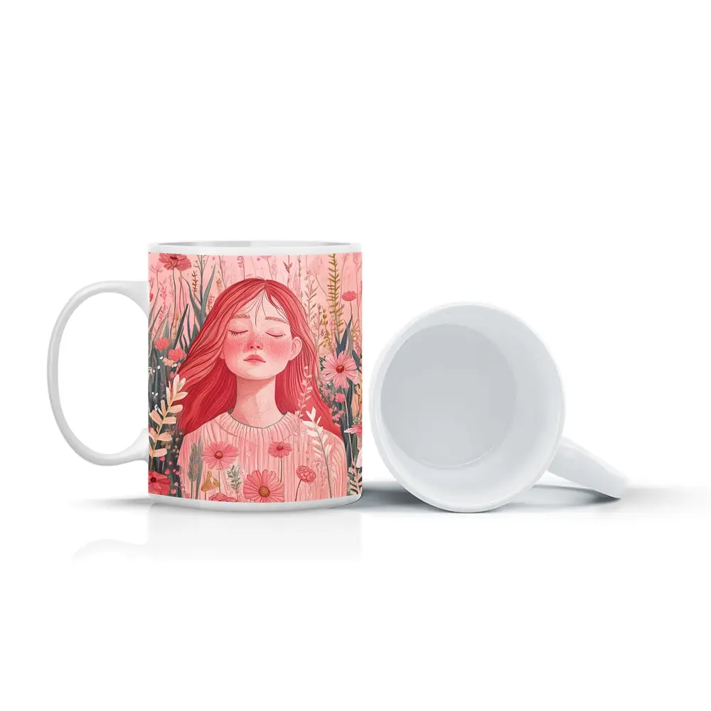 Red Hair Girl Among Pink Wildflowers Illustration – Mugs