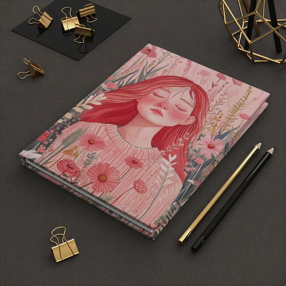 Red Hair Girl Among Pink Wildflowers Illustration – Notebooks