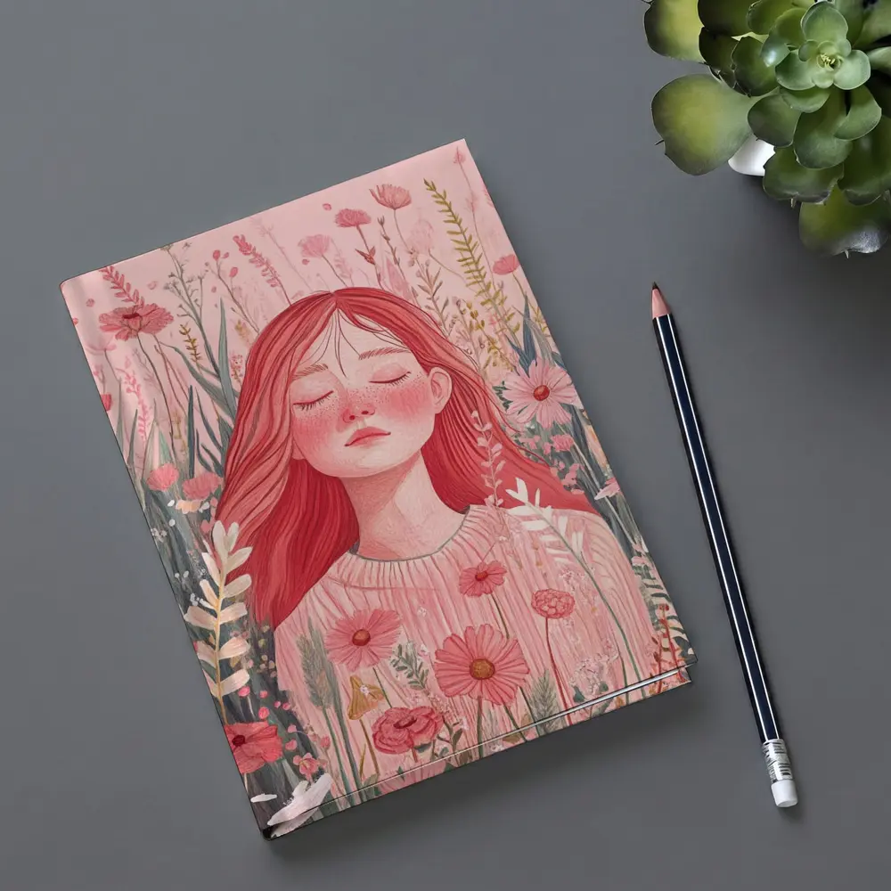 Red Hair Girl Among Pink Wildflowers Illustration – Notebooks