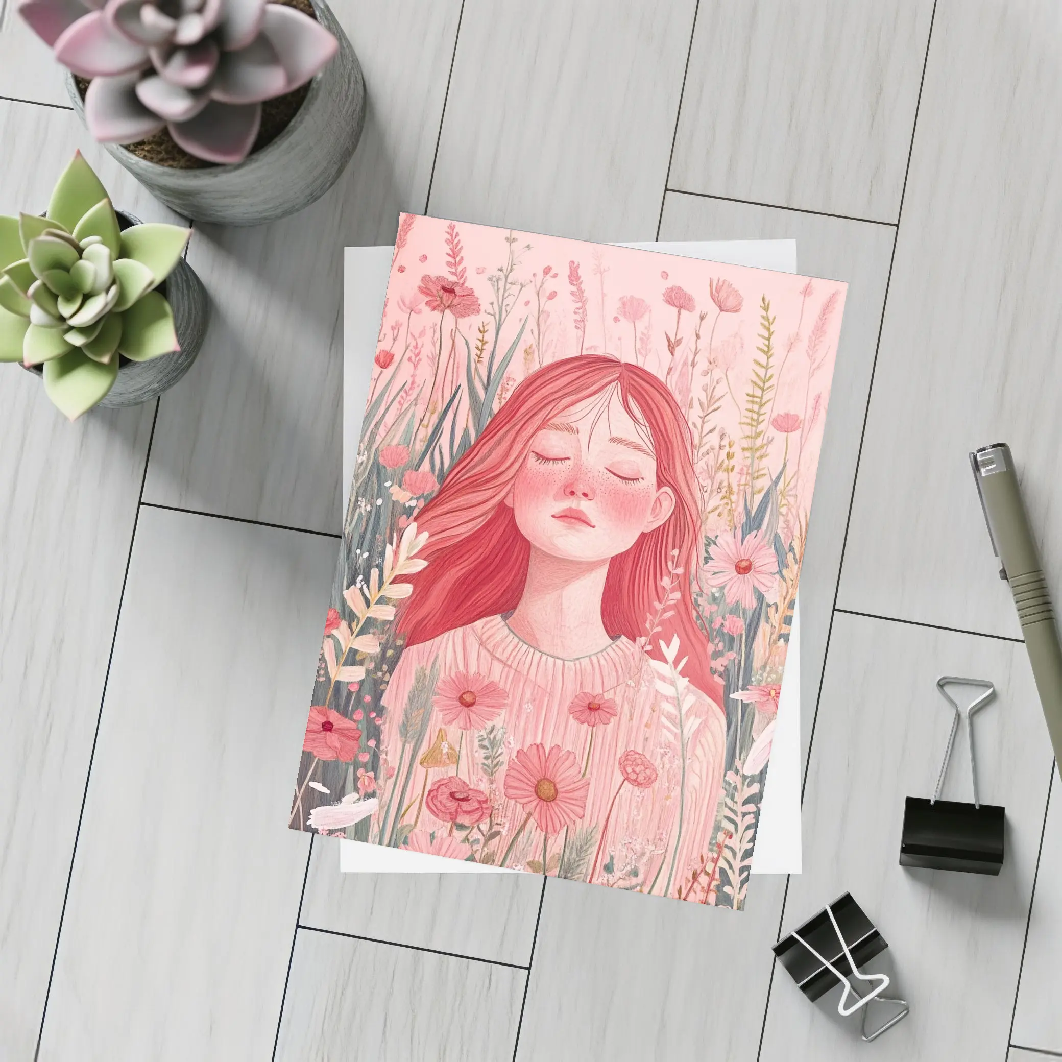 Red Hair Girl Among Pink Wildflowers Illustration – Postcards