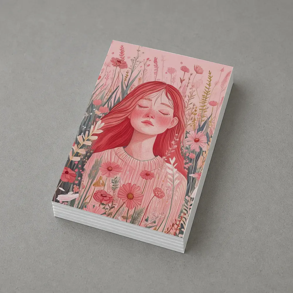Red Hair Girl Among Pink Wildflowers Illustration – Postcards