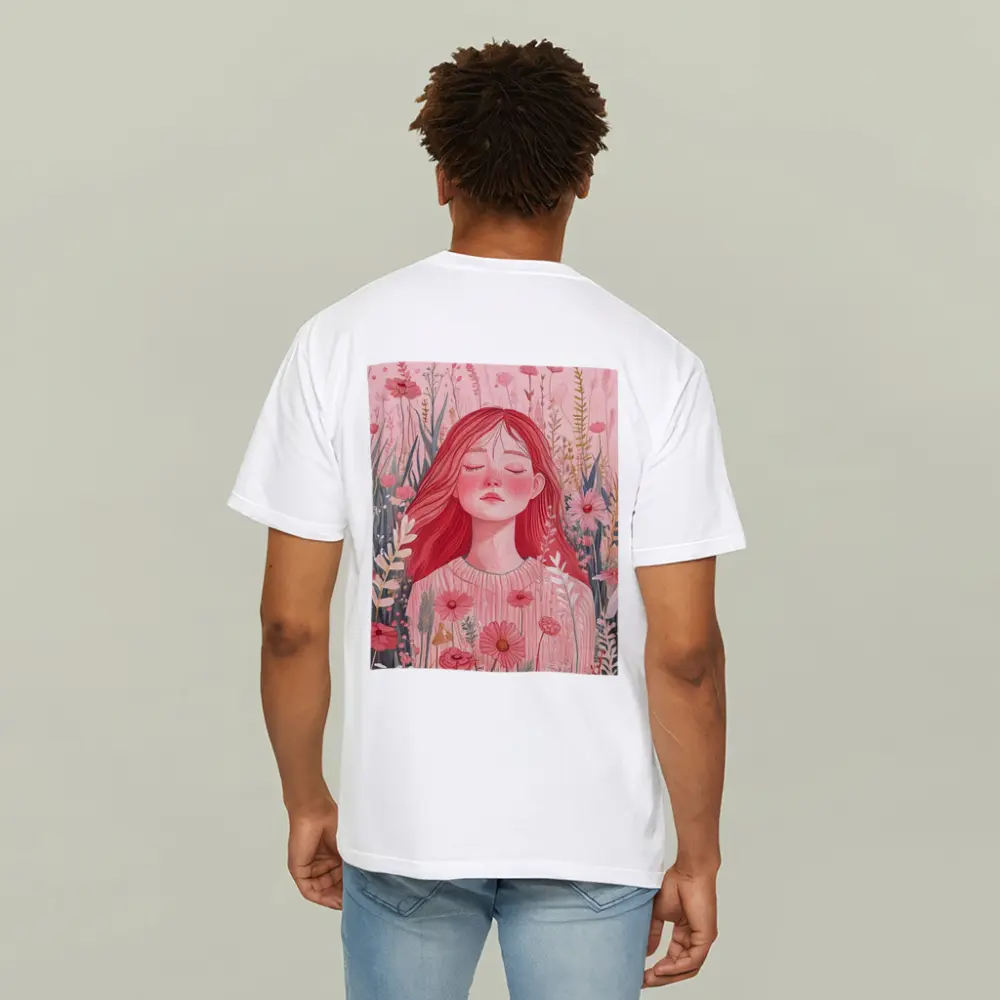 Red Hair Girl Among Pink Wildflowers Illustration – T-Shirts
