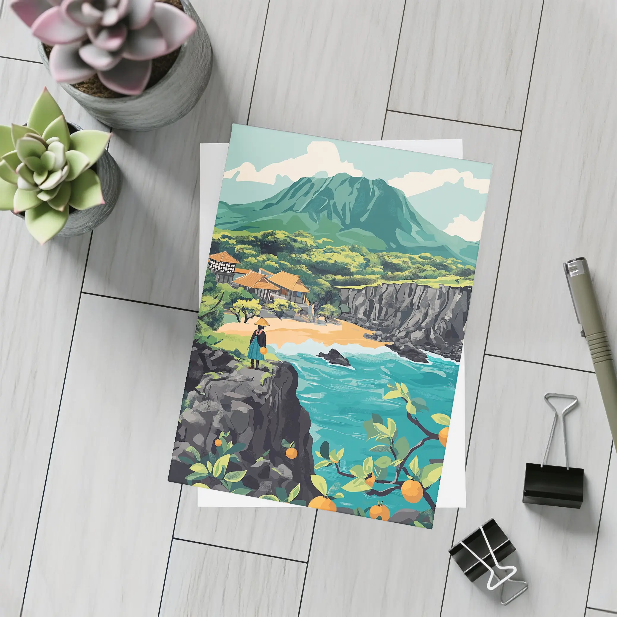 Japanese Coastal Village With Mountain View – Postcards