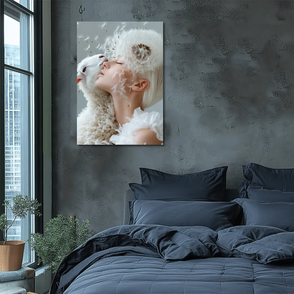 Woman And Lamb Dandelion Surreal White – Wall Art