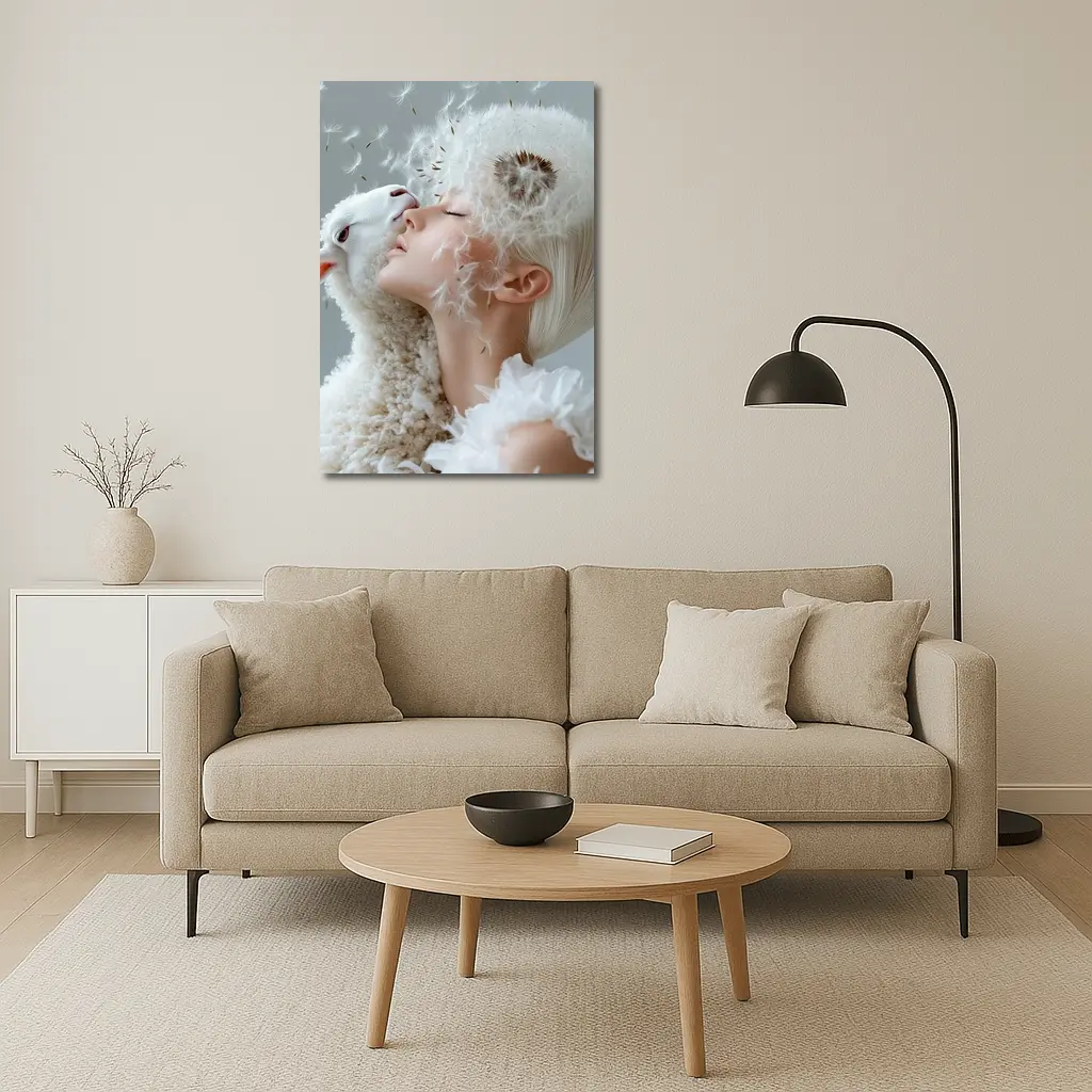 Woman And Lamb Dandelion Surreal White – Wall Art