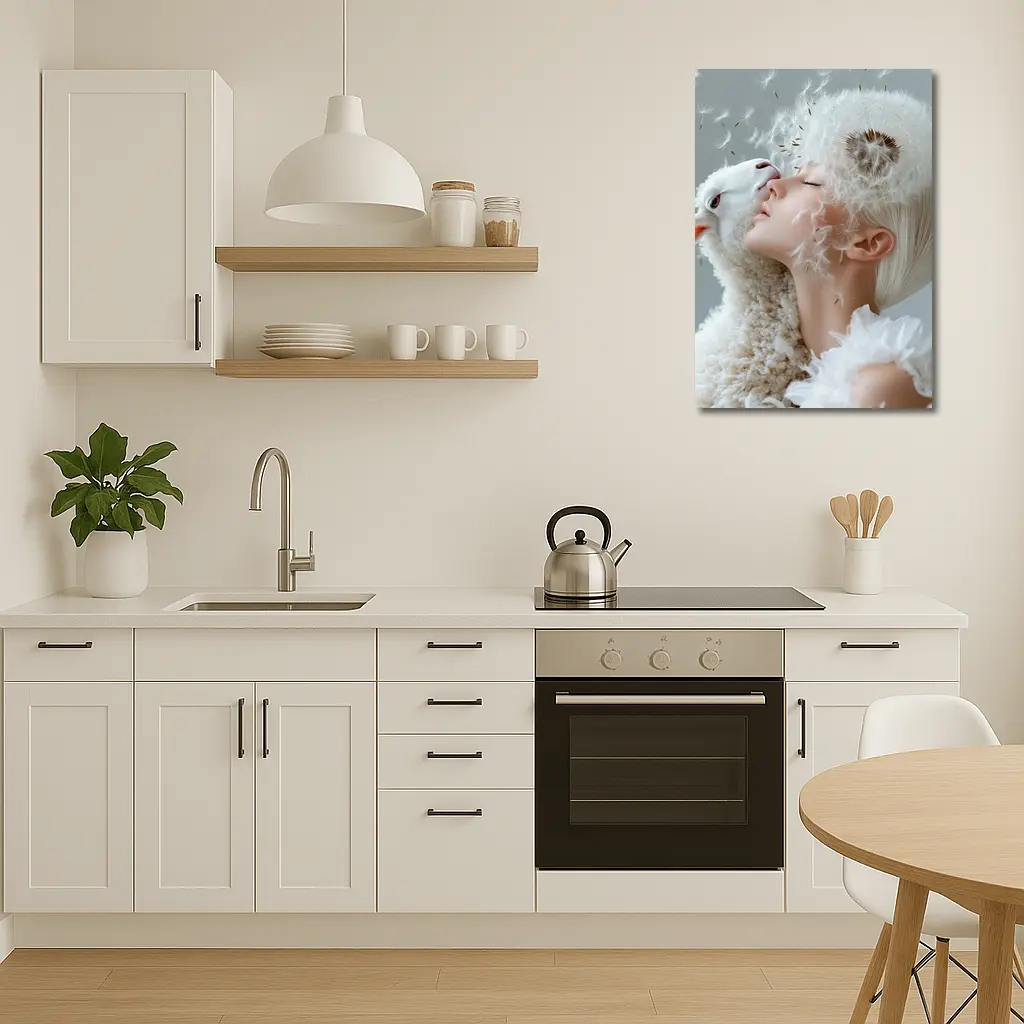 Woman And Lamb Dandelion Surreal White – Wall Art