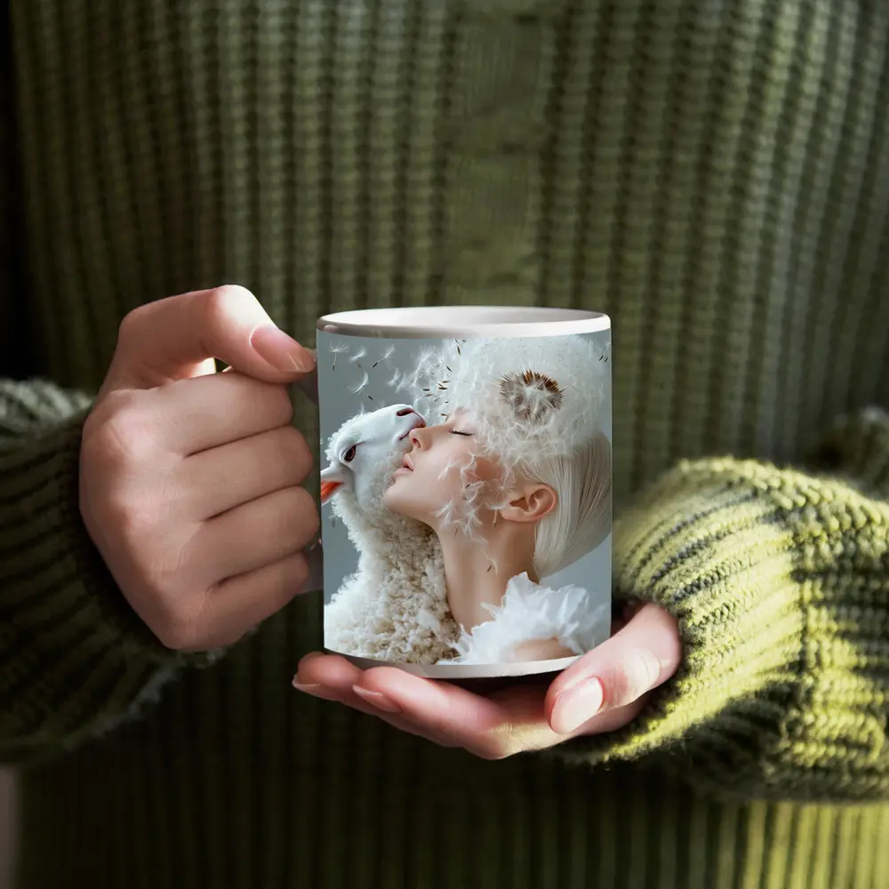 Woman And Lamb Dandelion Surreal White – Mugs