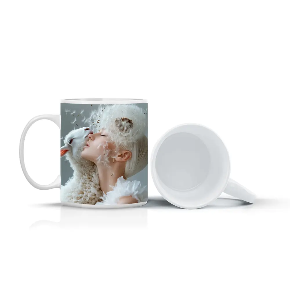 Woman And Lamb Dandelion Surreal White – Mugs