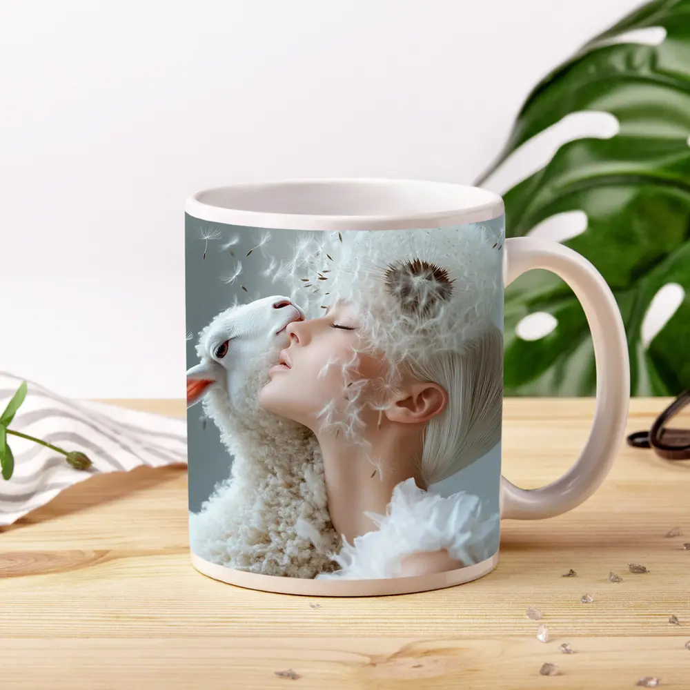 Woman And Lamb Dandelion Surreal White – Mugs