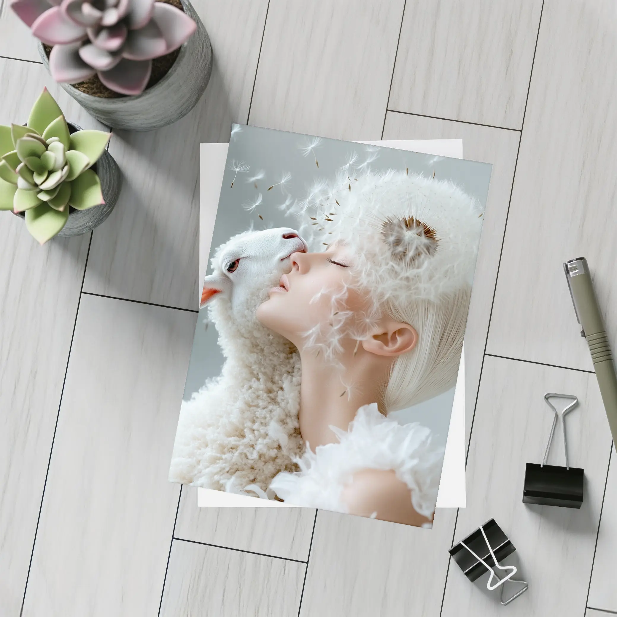 Woman And Lamb Dandelion Surreal White – Postcards