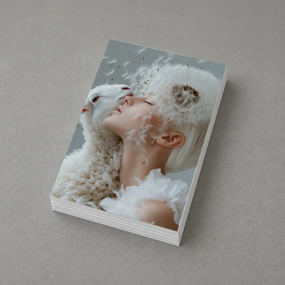 Woman And Lamb Dandelion Surreal White – Postcards