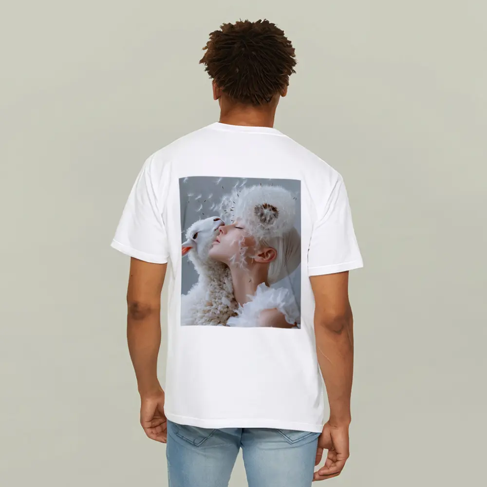 Woman And Lamb Dandelion Surreal White – T-Shirts