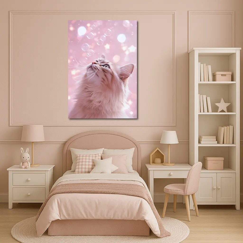 Fluffy Cat Looking Up At Bubbles – Wall Art