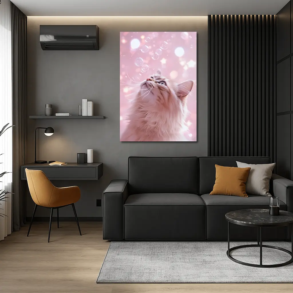 Fluffy Cat Looking Up At Bubbles – Wall Art