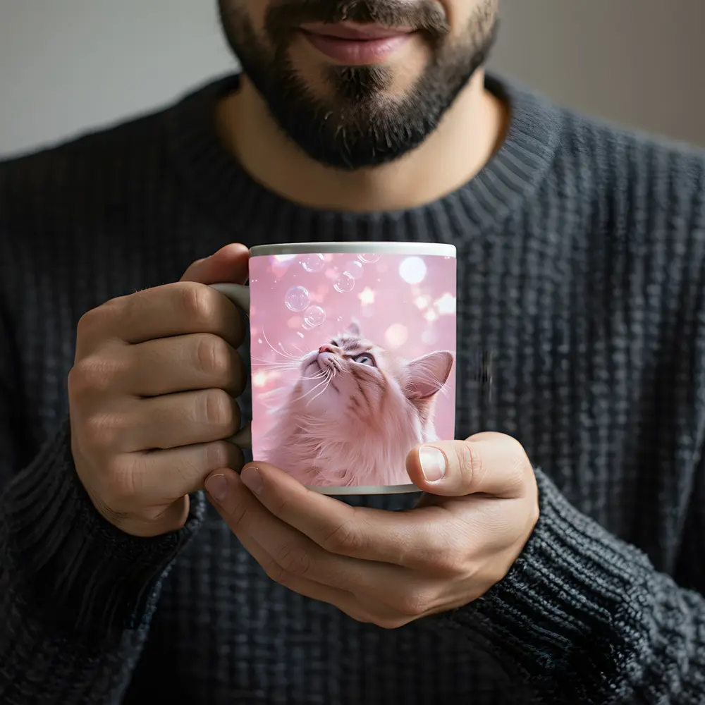 Fluffy Cat Looking Up At Bubbles – Mugs