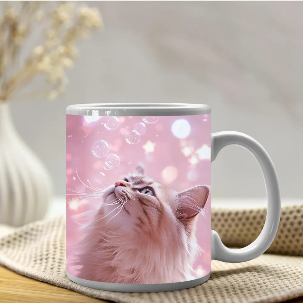 Fluffy Cat Looking Up At Bubbles – Mugs