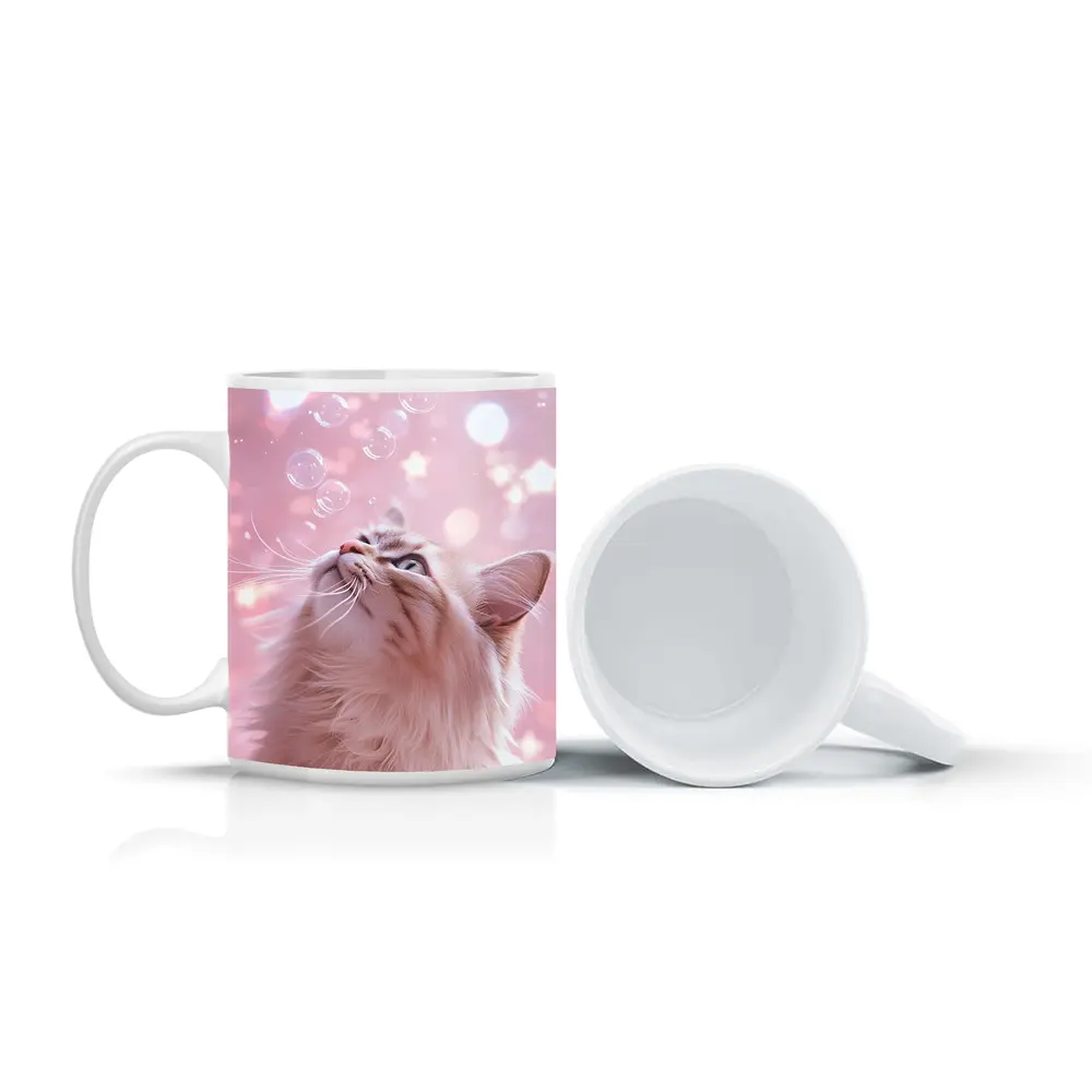 Fluffy Cat Looking Up At Bubbles – Mugs