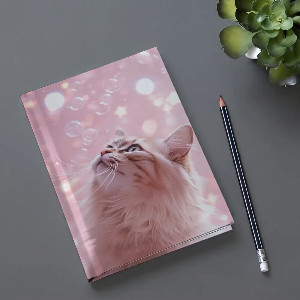 Fluffy Cat Looking Up At Bubbles – Notebooks