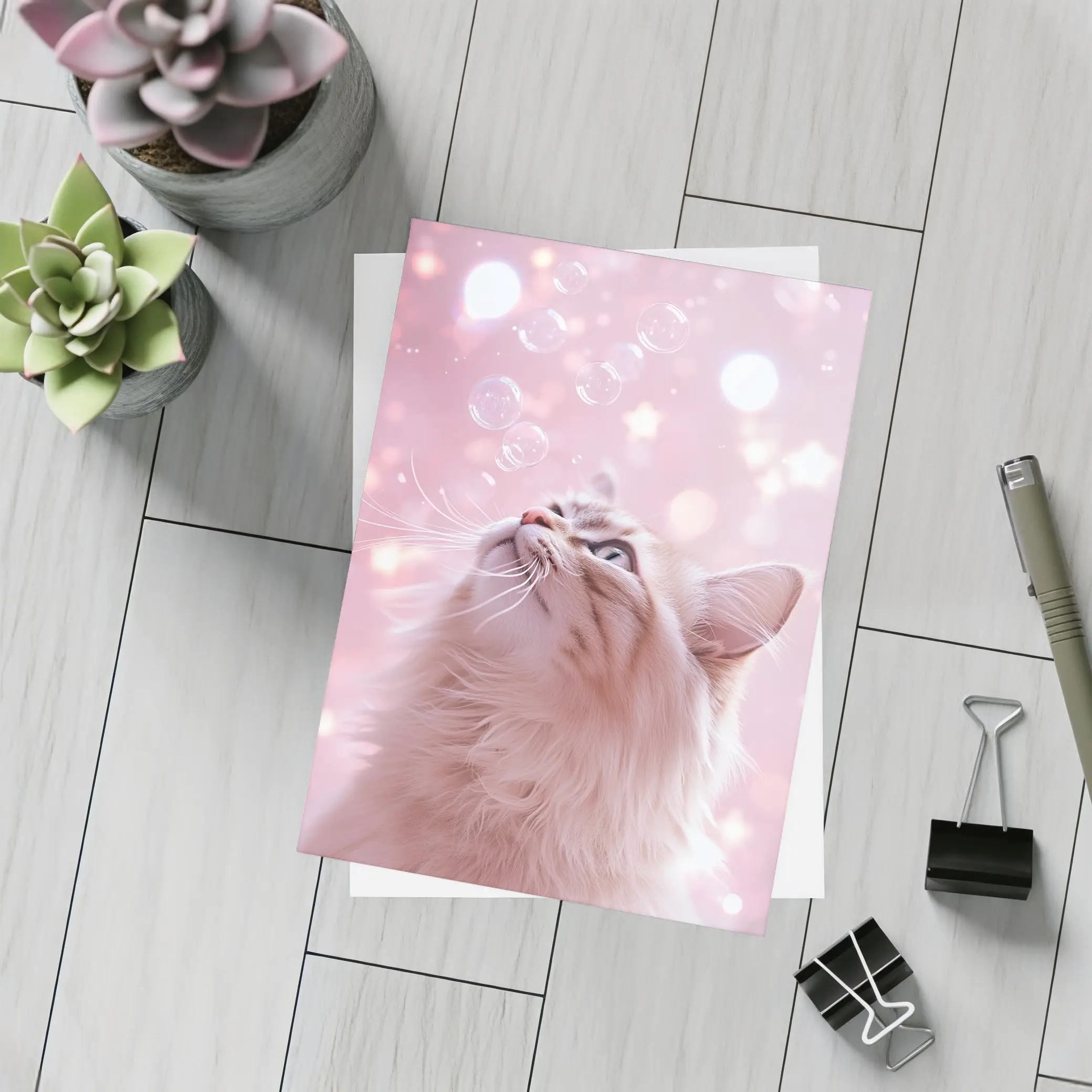 Fluffy Cat Looking Up At Bubbles – Postcards