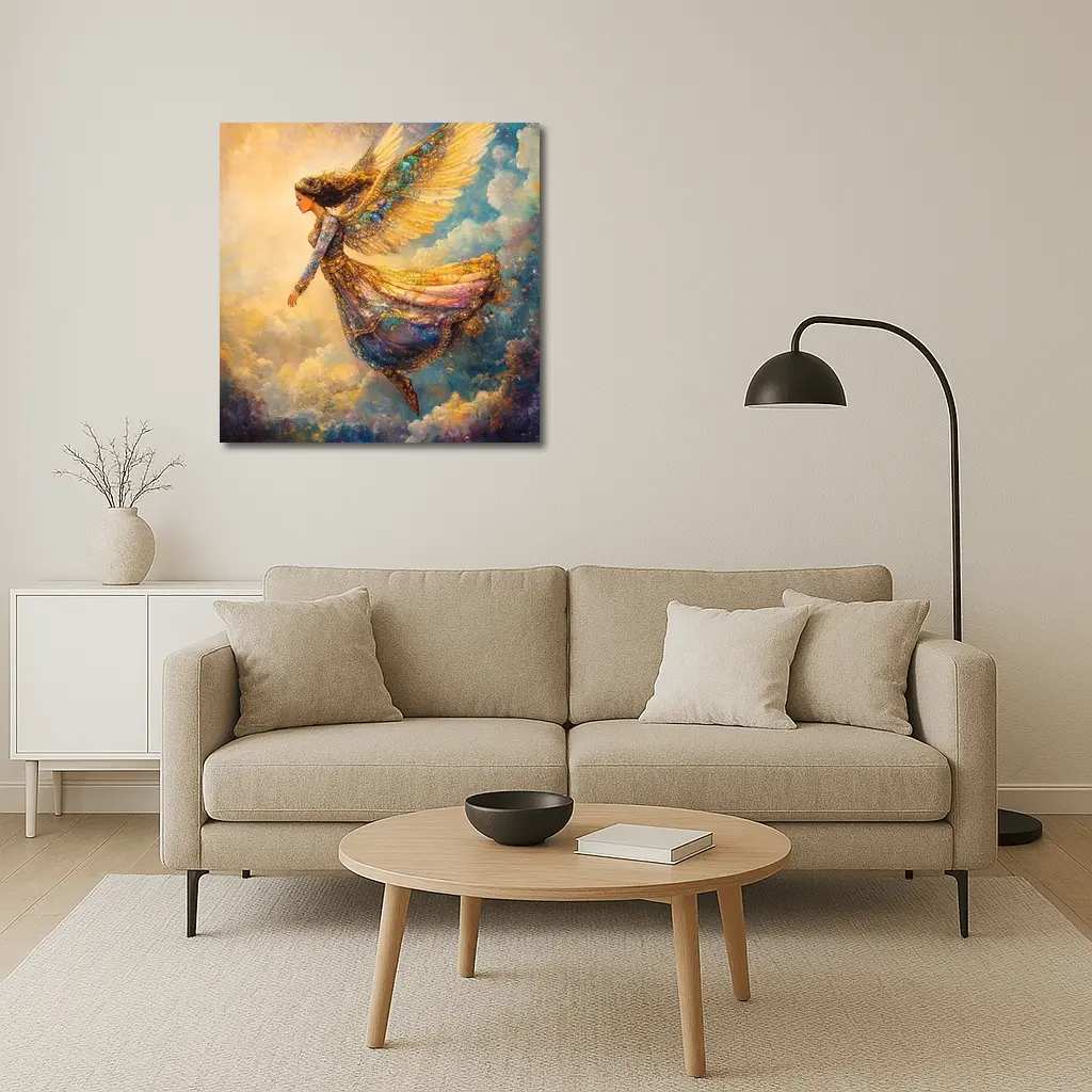 Angel Woman Flying Through Golden Clouds – Wall Art