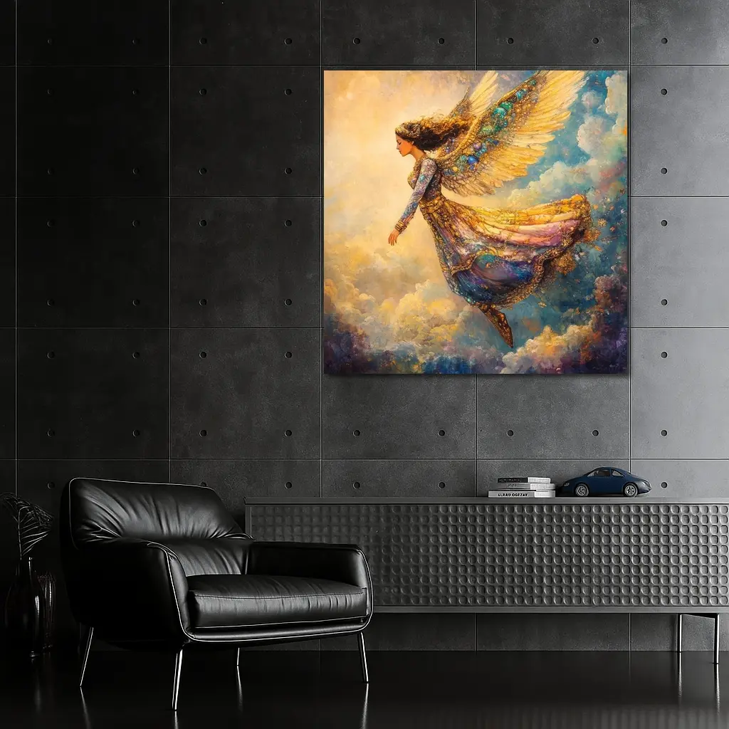 Angel Woman Flying Through Golden Clouds – Wall Art