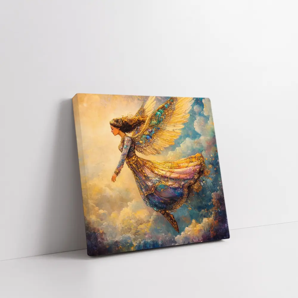 Angel Woman Flying Through Golden Clouds – Wall Art