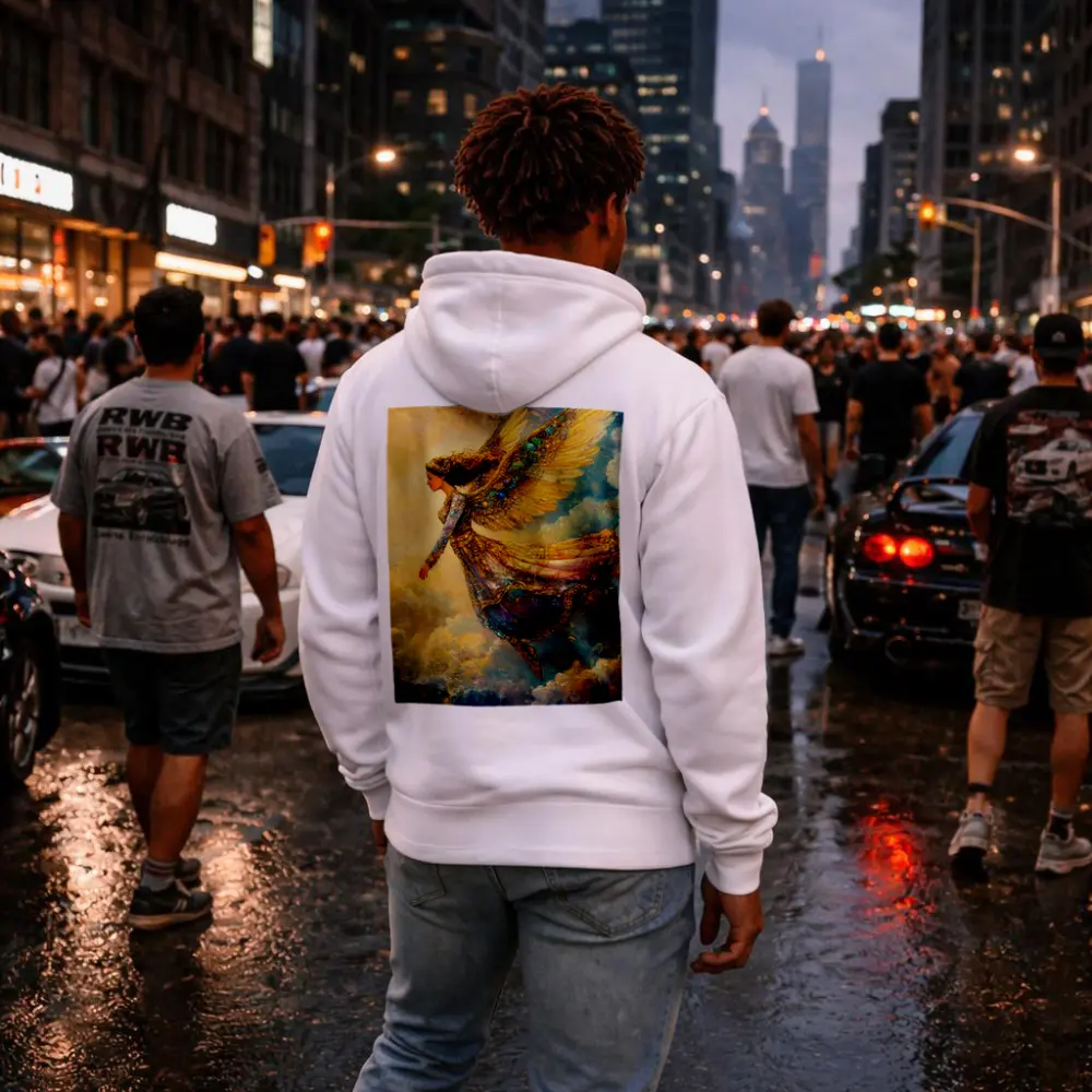 Angel Woman Flying Through Golden Clouds – Hoodies