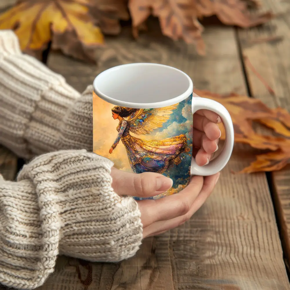 Angel Woman Flying Through Golden Clouds – Mugs