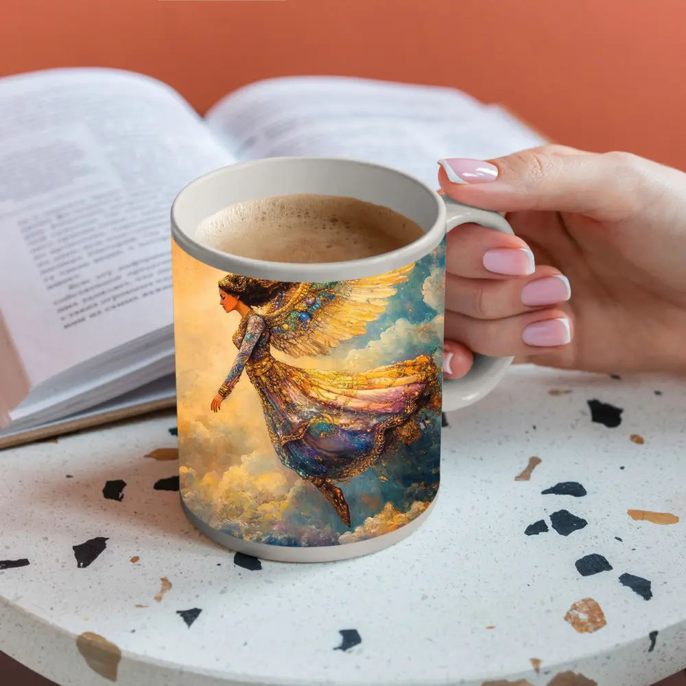 Angel Woman Flying Through Golden Clouds – Mugs