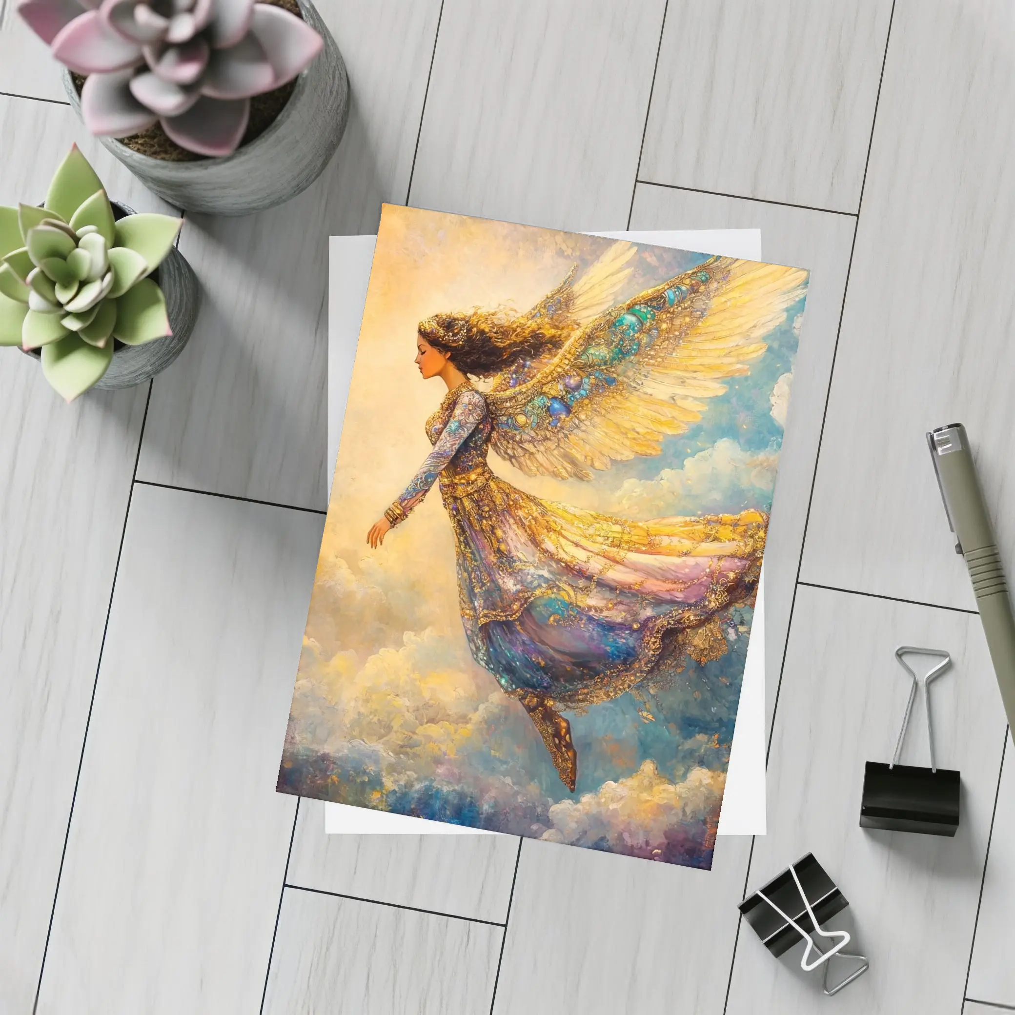 Angel Woman Flying Through Golden Clouds – Postcards